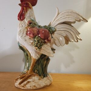 ***SOLD*** Antique French Glazed Ceramic Rooster With Fruit 18" ***SOLD